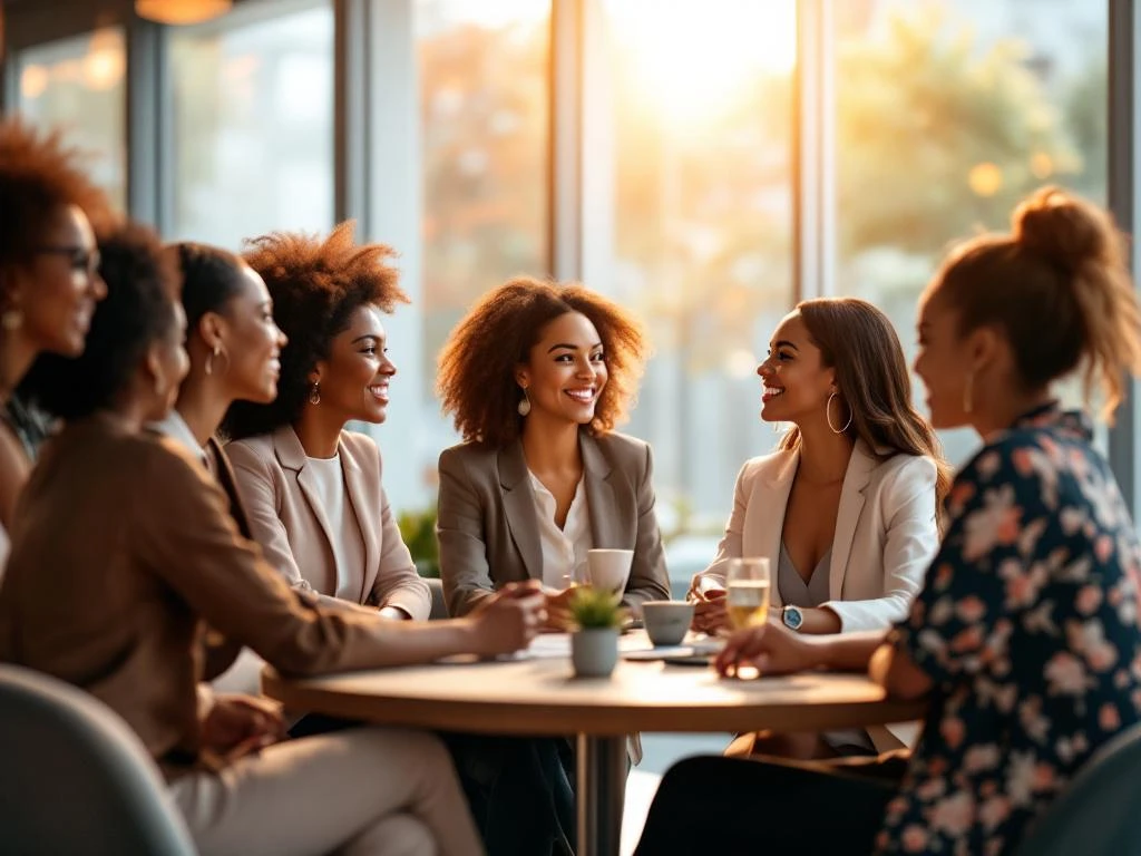Diverse professional women networking in bright modern office with natural light, engaged in conversation and smiling
