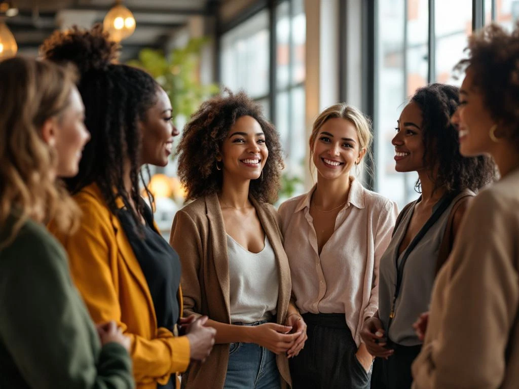 Diverse professional women from various ethnic backgrounds networking and conversing in bright modern office space