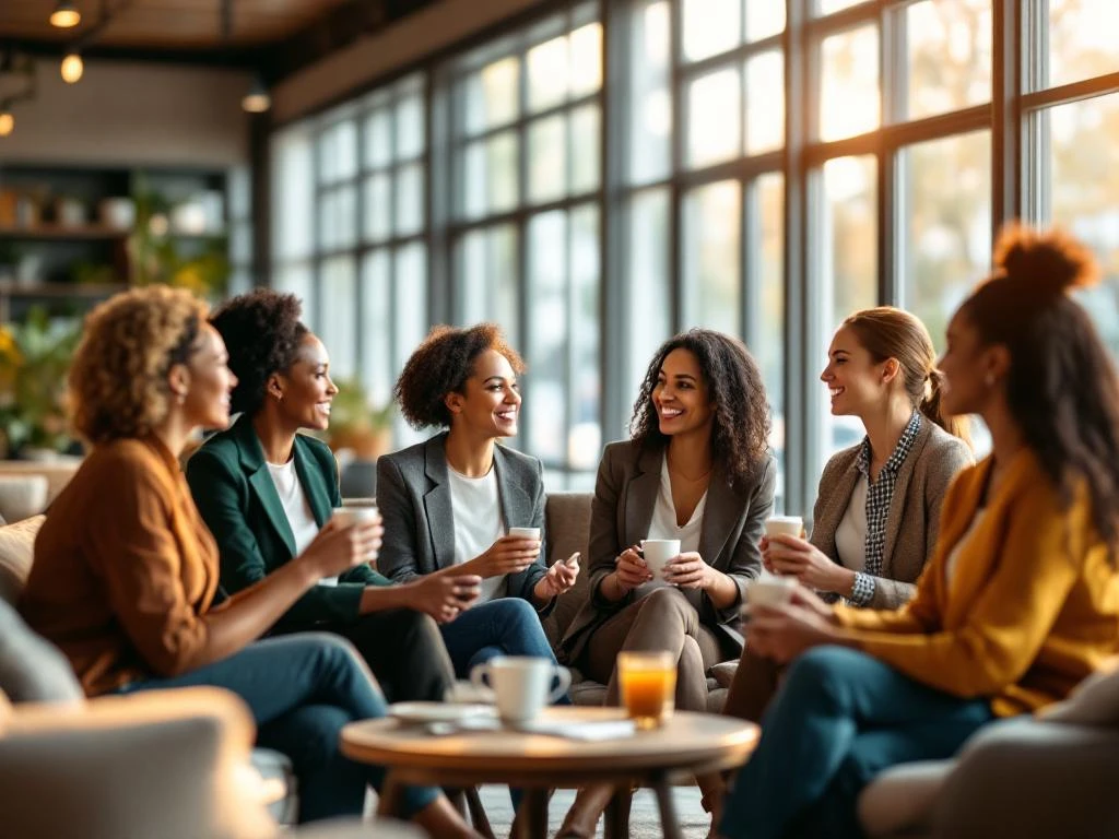 Diverse professional women networking in bright modern office space with natural lighting and contemporary furniture