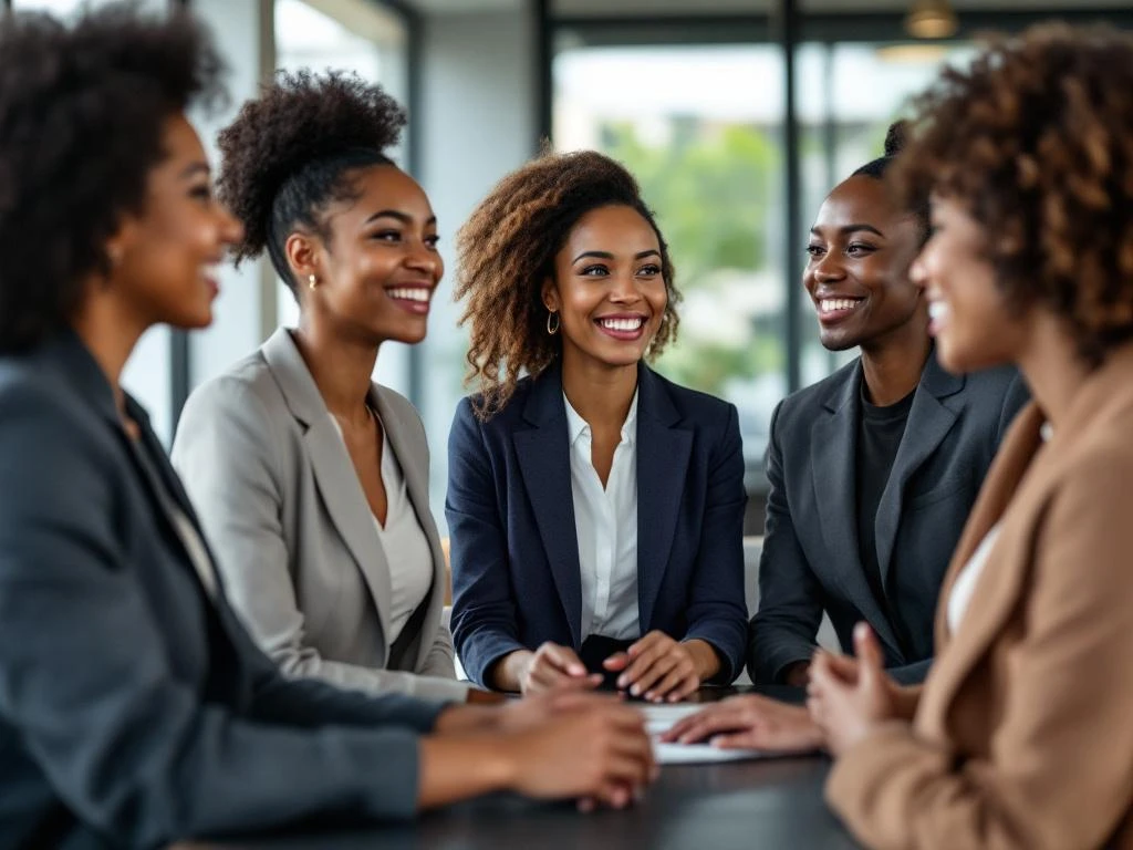 Diverse professional women networking and conversing in bright modern conference space, displaying genuine connections and inclusive community building.