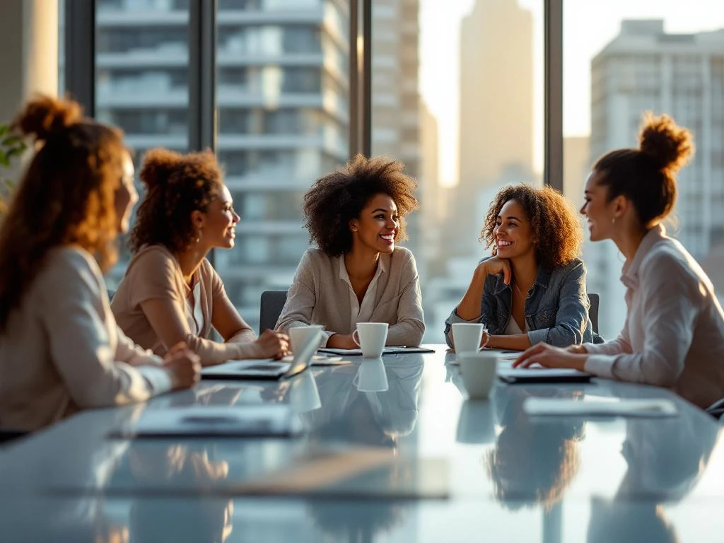 Diverse professional women collaborating around modern conference table in bright office with city view