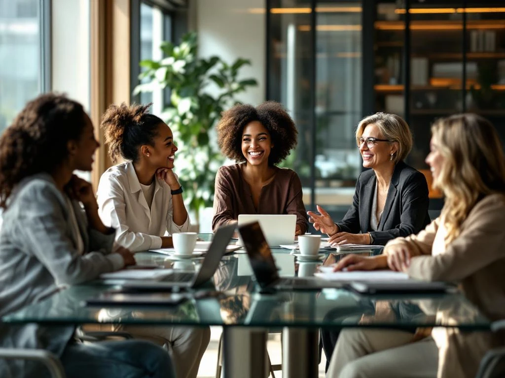 Diverse professional women having animated business meeting around glass conference table in modern office