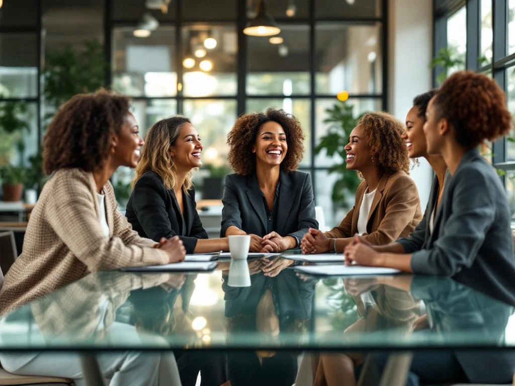 Five diverse professional women laughing and shaking hands around glass conference table in bright modern office