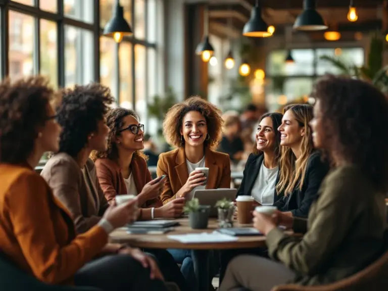 Diverse professional women networking in bright modern Amsterdam venue with natural lighting and contemporary business atmosphere.