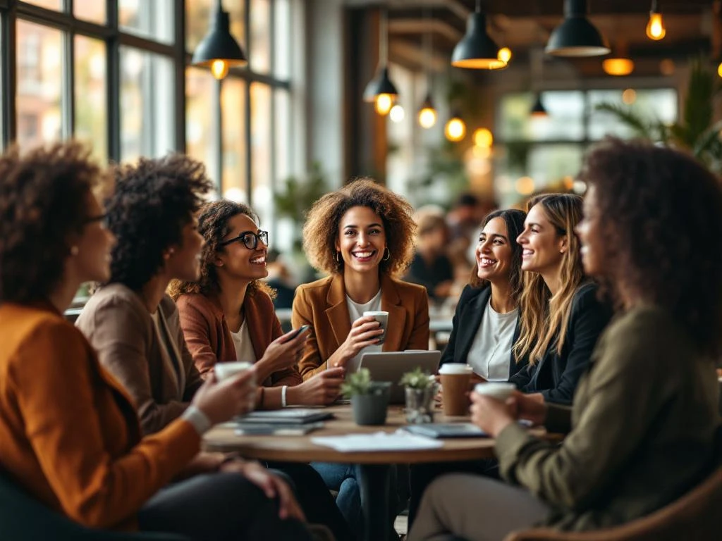Diverse professional women networking in bright modern Amsterdam venue with natural lighting and contemporary business atmosphere.
