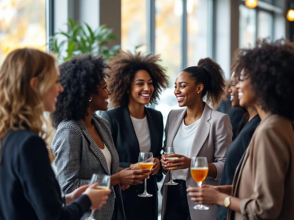 Diverse professional women networking and conversing in bright modern Amsterdam venue with natural lighting