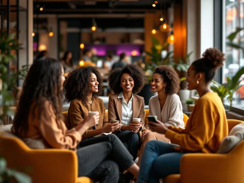 Diverse professional women networking in modern Amsterdam venue with natural lighting and contemporary furniture
