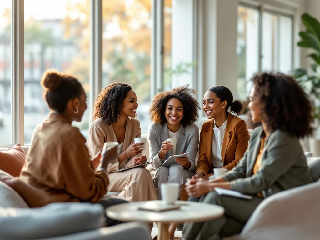 Diverse professional women networking in circle formation in bright modern conference room with natural light