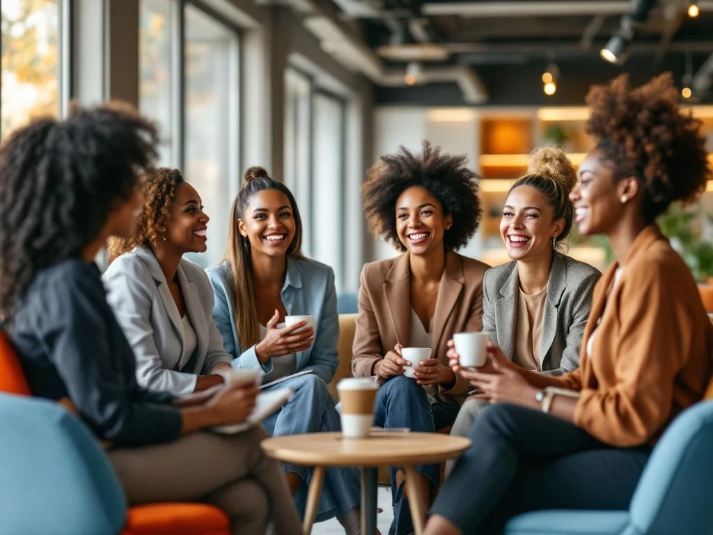 Diverse professional women networking in bright modern conference room with natural lighting and contemporary furniture.