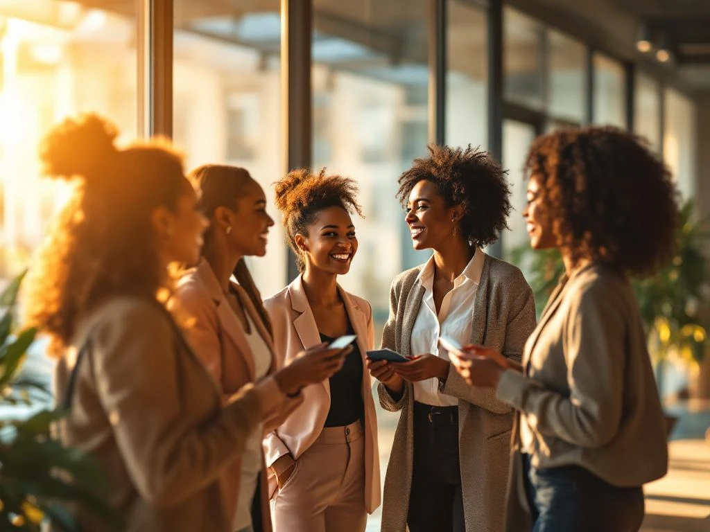 Diverse professional women networking and exchanging business cards in bright modern conference room with natural light.