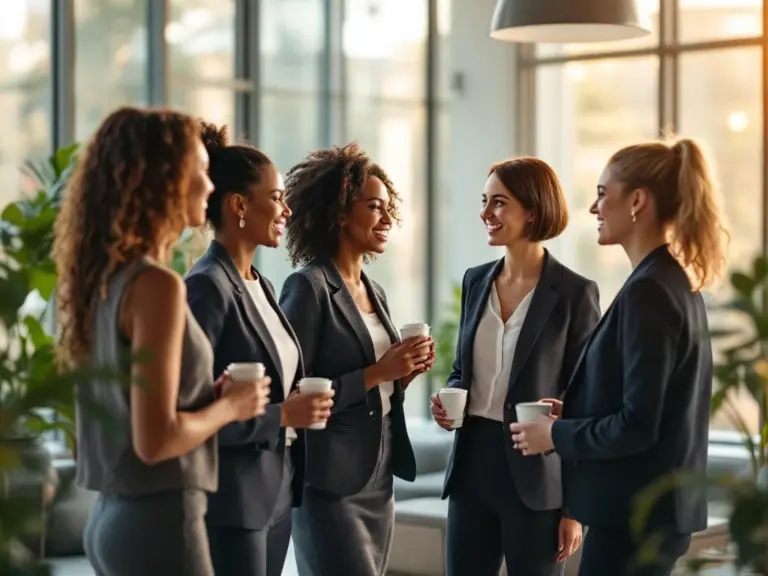 Diverse professional women networking at business conference, shaking hands and exchanging cards in bright modern space.