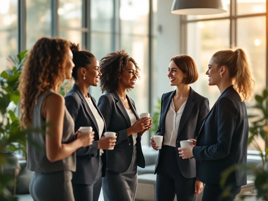 Diverse professional women networking at business conference, shaking hands and exchanging cards in bright modern space.