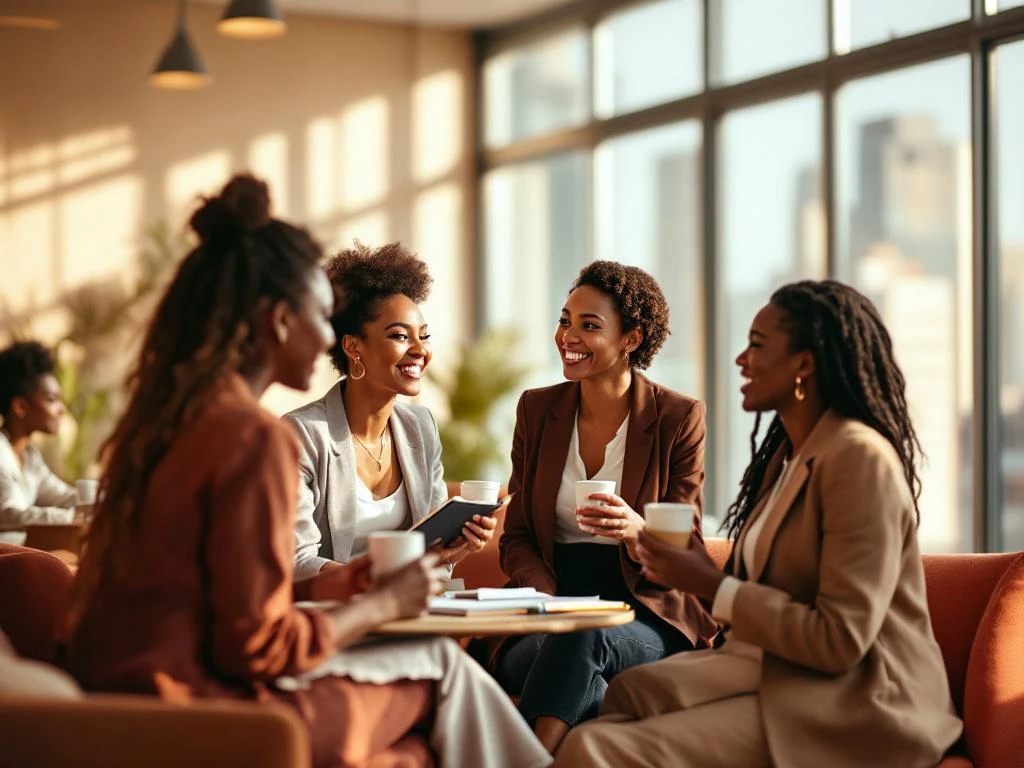 Diverse professional women networking in modern conference room with natural light, holding coffee and notebooks while engaged in conversation.