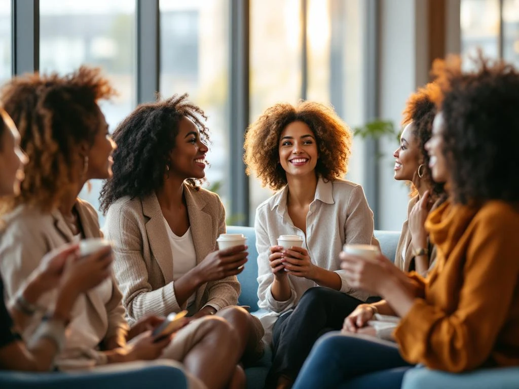Diverse professional women networking in modern conference room with natural light, holding coffee and business cards
