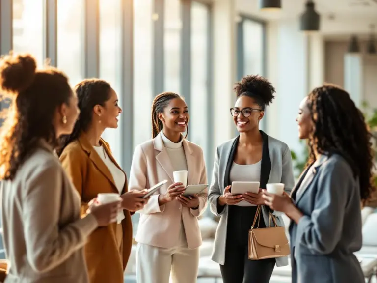 Diverse professional women networking and conversing in bright modern conference room with natural lighting