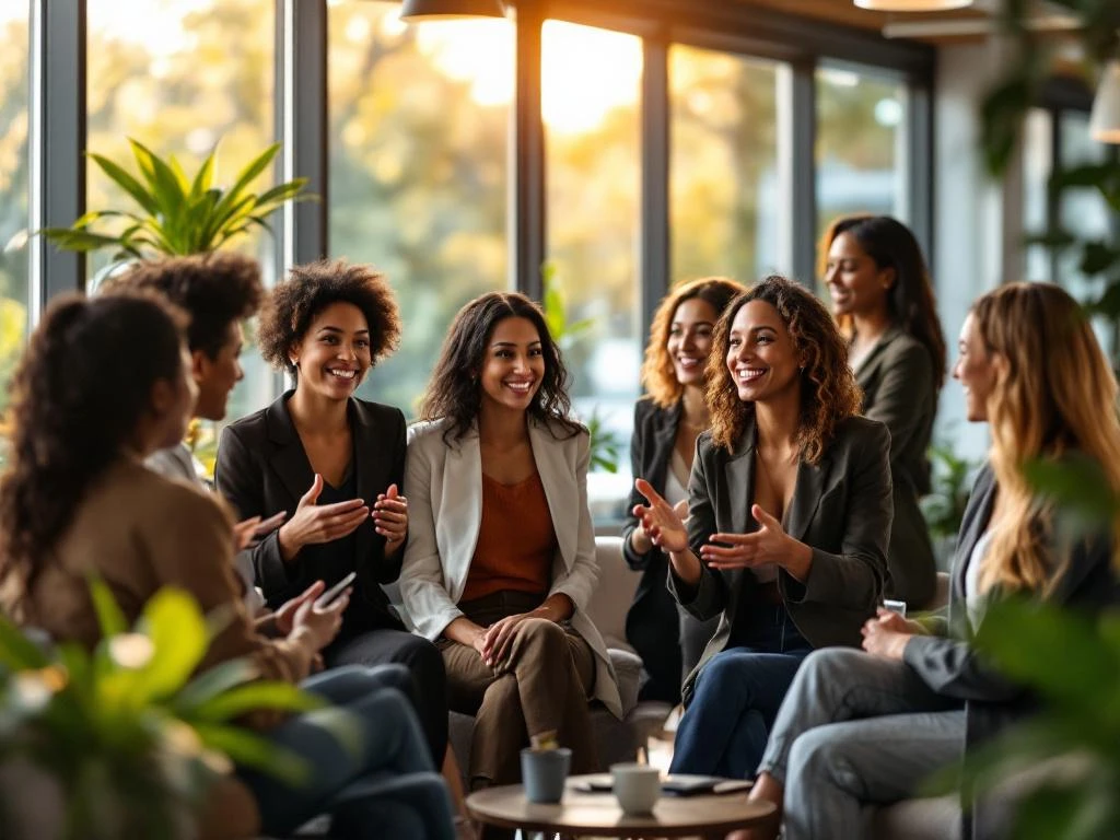 Diverse professional women networking in bright modern conference room with natural light and contemporary furniture.