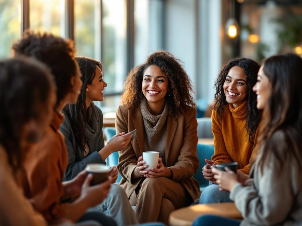 Professional women of diverse ethnicities networking in bright modern conference room, exchanging business cards and conversing.