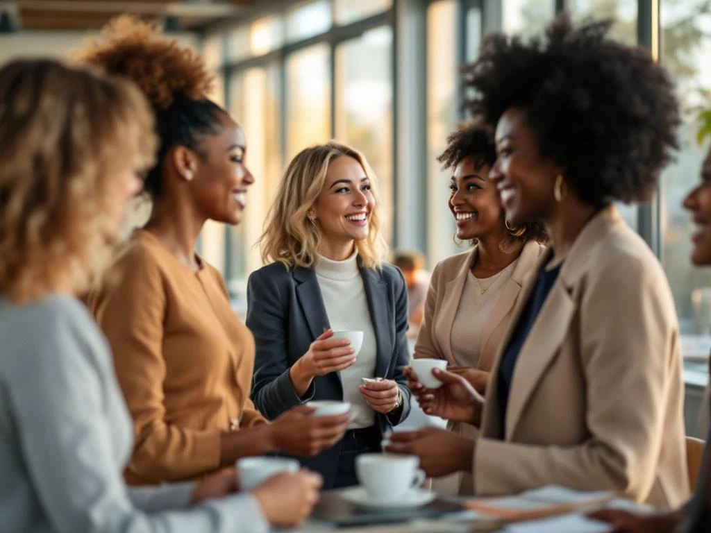 Diverse professional women networking and exchanging business cards in bright modern conference room with natural light.