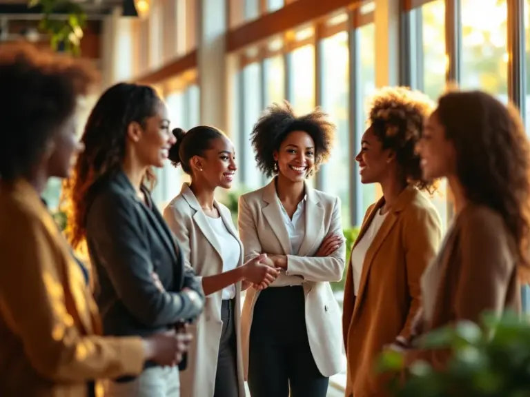 Diverse professional women networking and shaking hands in bright modern conference room with natural lighting.