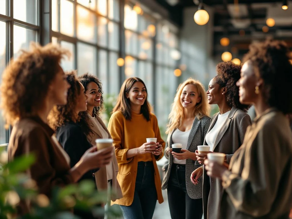 Diverse professional women networking at modern conference with natural lighting and Dutch flag visible in background