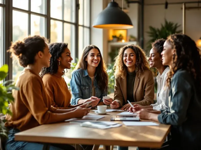 Diverse professional women networking and laughing around standing table in bright modern co-working space office