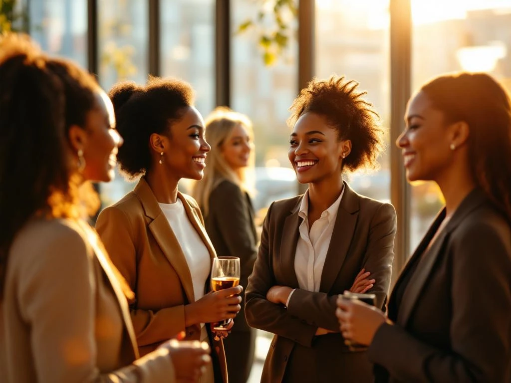 Diverse professional women networking in bright modern venue with natural lighting and authentic conversations