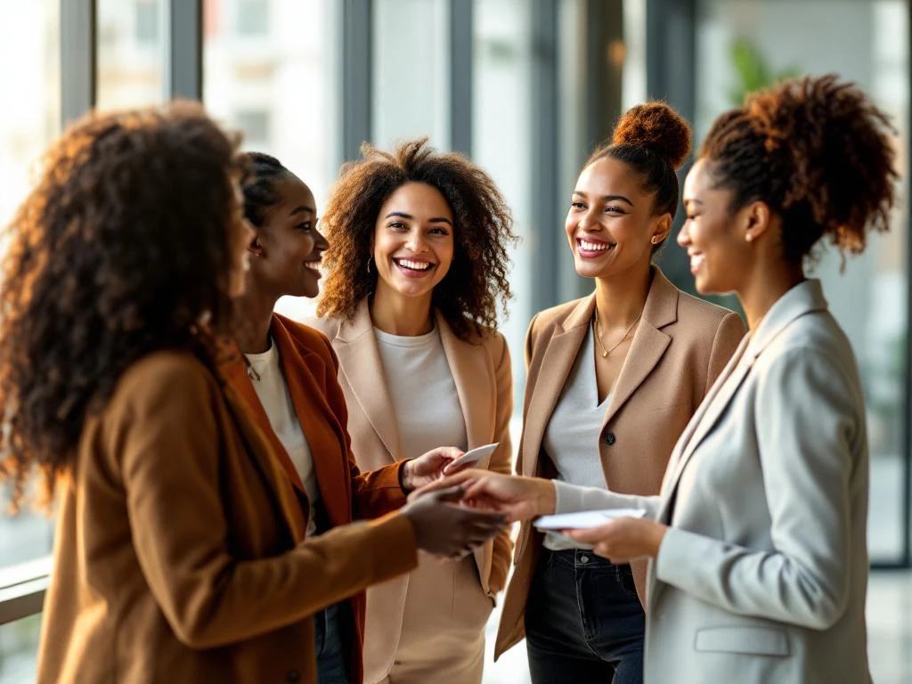 Diverse professional women of various ethnicities networking, exchanging business cards and shaking hands in modern office space.