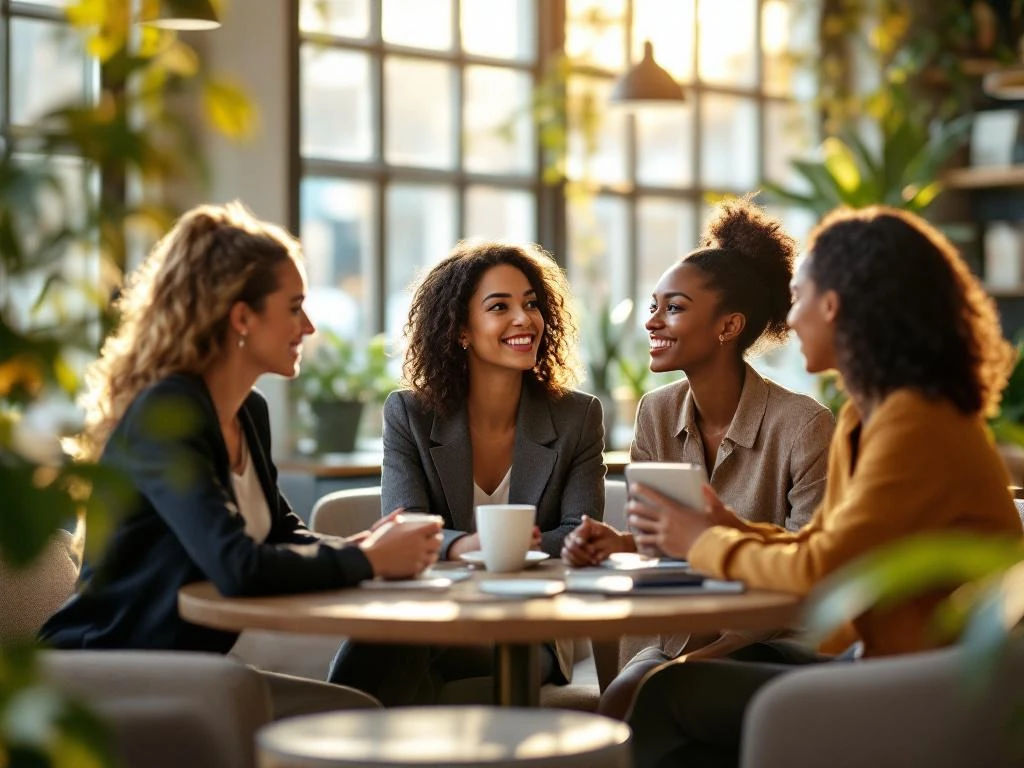 Diverse professional women networking and conversing in bright modern Dutch café with natural lighting and plants.