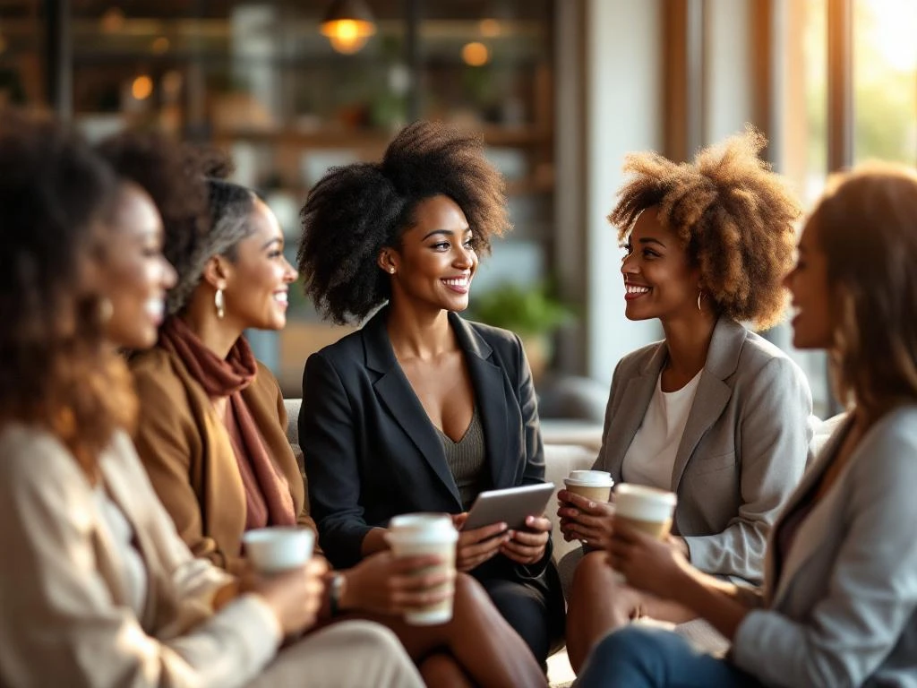Diverse professional women networking in circle formation in bright modern conference room with natural lighting.