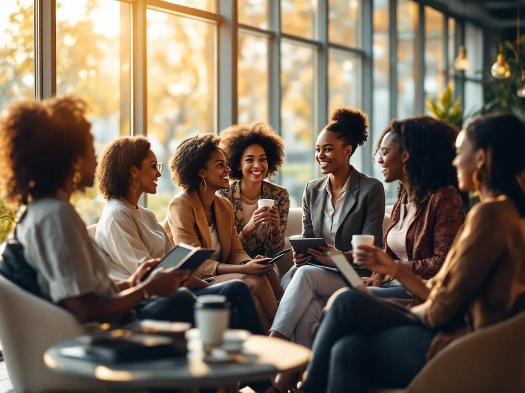 Diverse professional women networking in circle formation in bright modern conference room with natural light