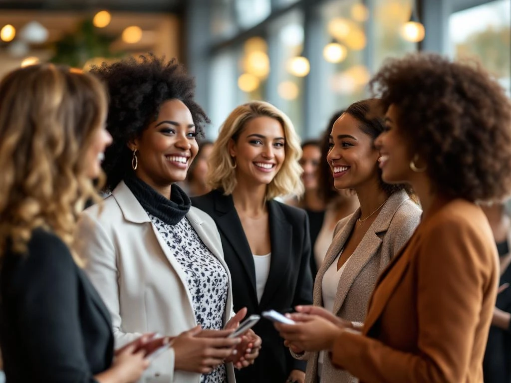 Diverse professional women networking and conversing in bright modern conference room with natural lighting.