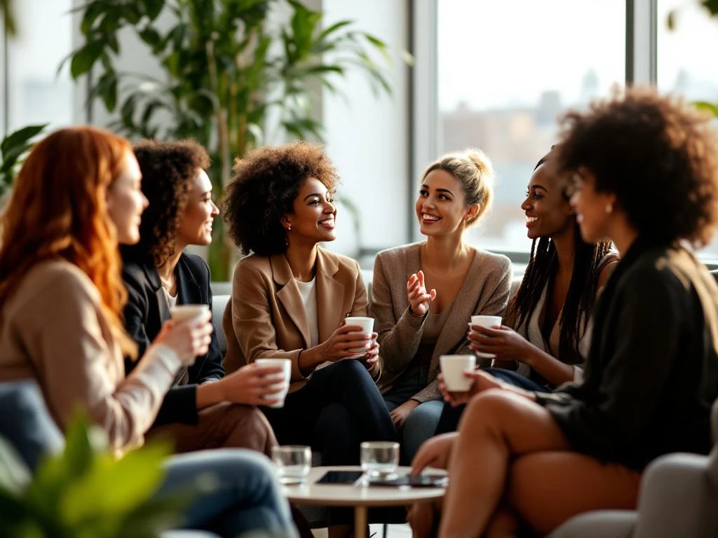Diverse professional women networking in conversation circle at modern conference with natural lighting and windows