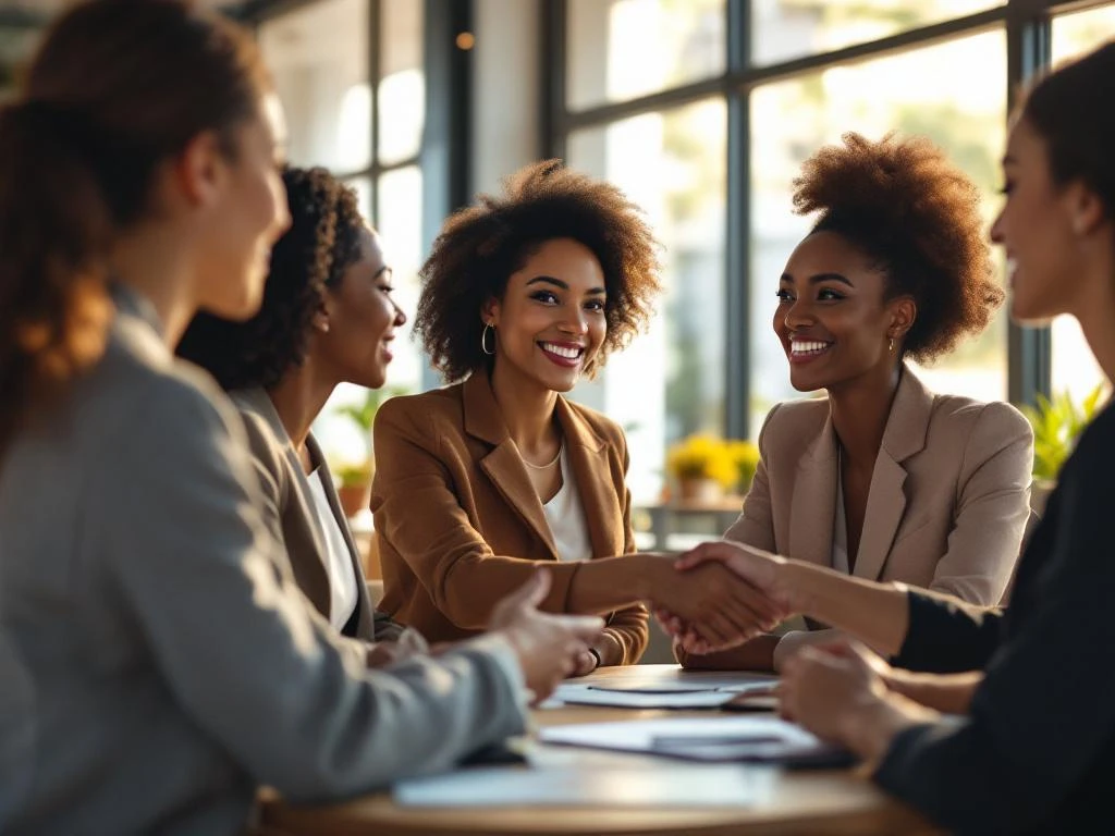 Diverse professional women networking and shaking hands in bright modern conference room with natural lighting.