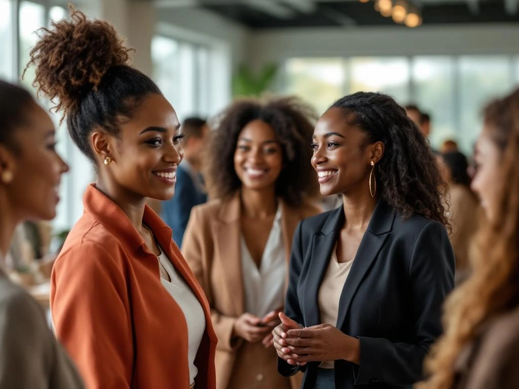 Diverse professional women networking and conversing in bright modern conference space with warm lighting