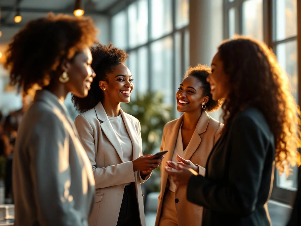 Diverse professional women networking and conversing in bright modern conference room with natural lighting