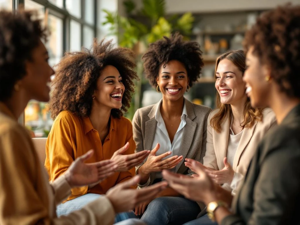 Diverse professional women networking and conversing in bright modern conference space with warm natural lighting.