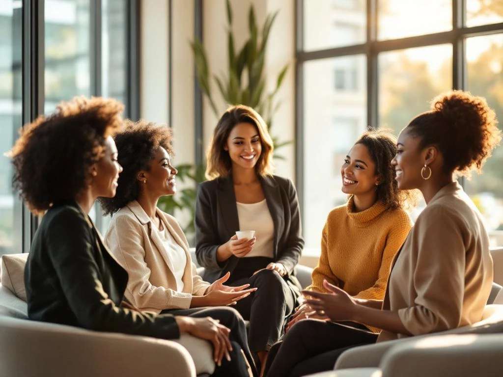 Diverse professional women networking and conversing in bright modern conference room with natural lighting.