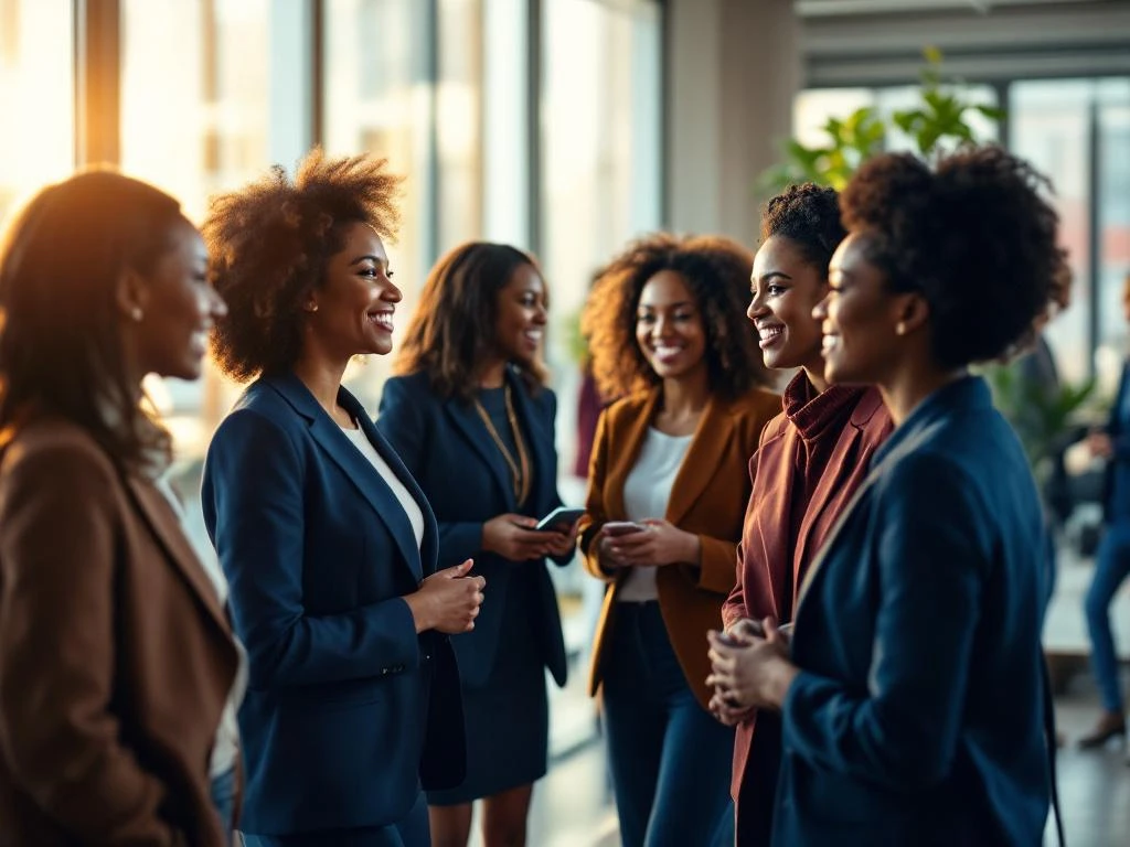 Diverse professional women networking at bright modern conference in The Hague, wearing business attire in blues and purples