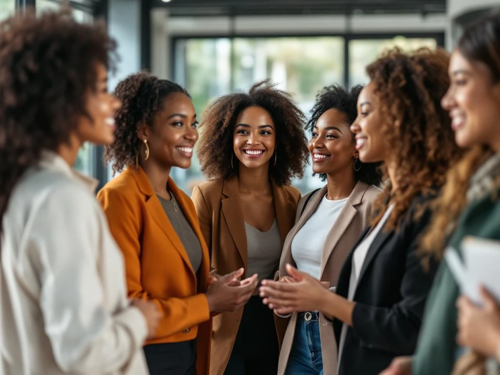 Diverse professional women from different ethnic backgrounds networking and conversing in bright modern conference room.