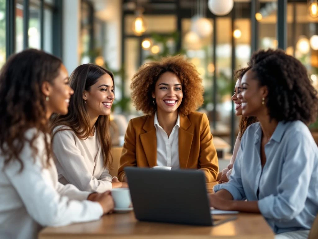 Diverse professional women networking in bright modern coworking space with natural lighting and laptops on tables.