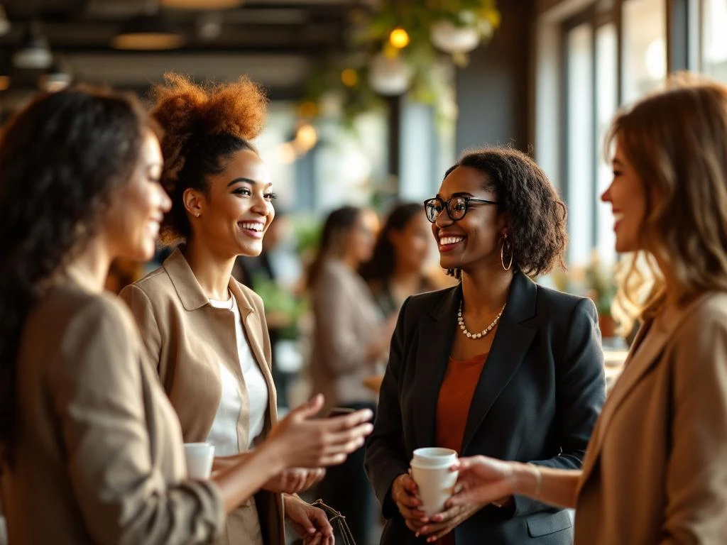 Diverse professional women networking in bright modern venue, engaging in animated conversation with genuine smiles and gestures.