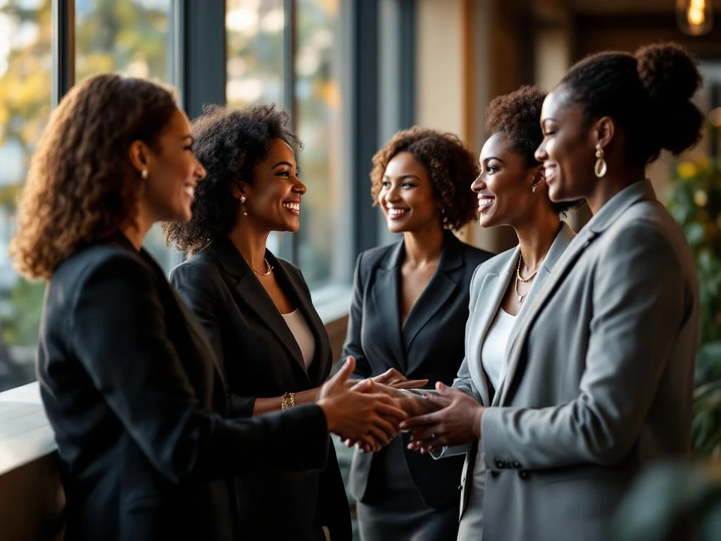 Diverse professional women networking in modern office space with natural lighting, engaging in conversations and handshakes.