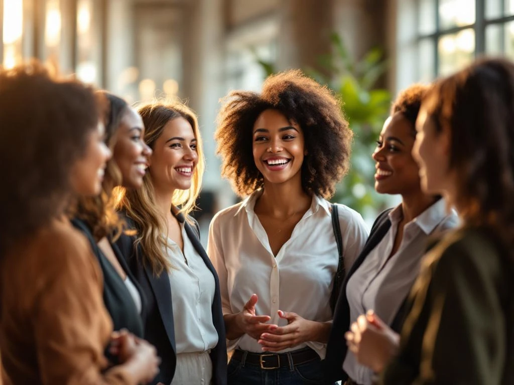 Diverse professional women networking and conversing in bright modern venue with natural sunlight and inclusive atmosphere.