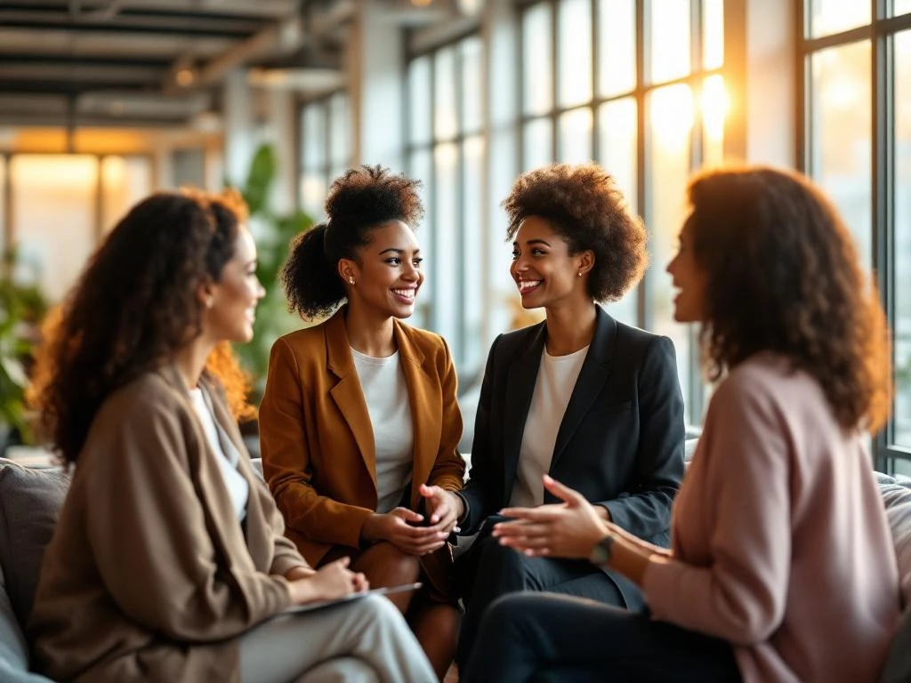 Diverse professional women networking in modern office space with natural lighting and inclusive design