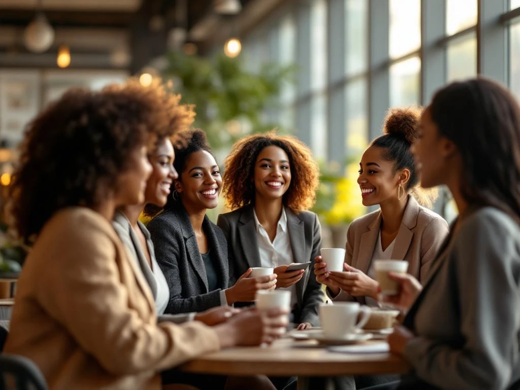Diverse professional women networking in modern office space with natural lighting, exchanging business cards and conversation.