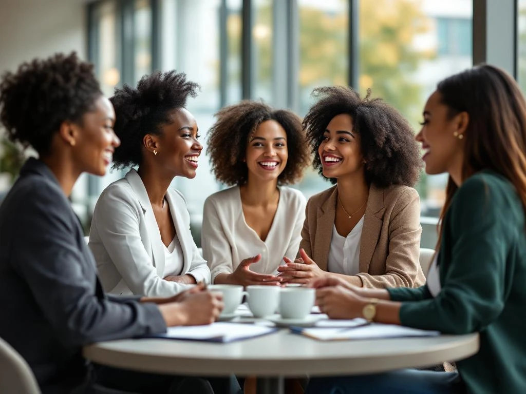 Diverse professional women networking and conversing in bright modern office space with large windows