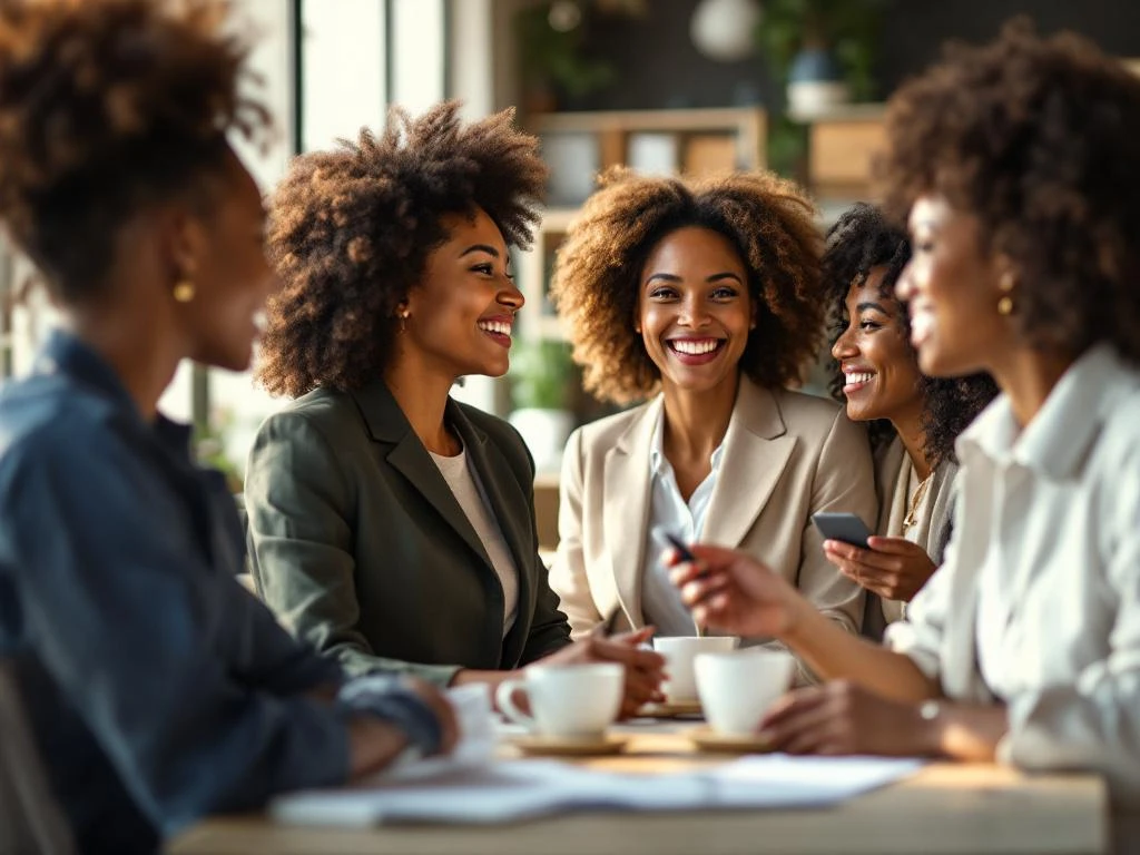 Diverse professional women networking in modern office space, sharing conversations over coffee with business cards