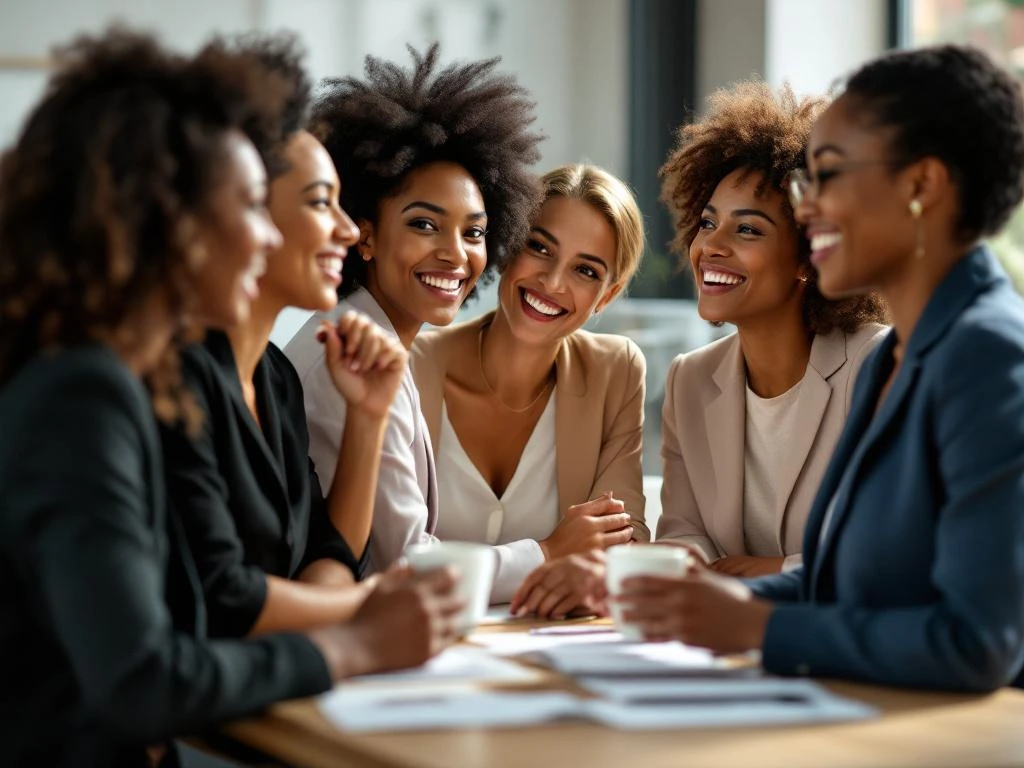 Diverse professional women networking in bright modern workspace, sharing coffee and documents while engaged in business conversation.