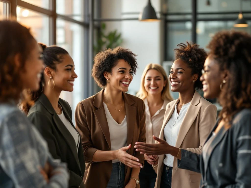 Diverse professional women from different ethnic backgrounds networking and conversing in bright modern office space