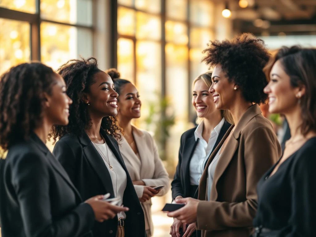 Diverse professional women networking and exchanging business cards in bright modern office space with natural lighting.
